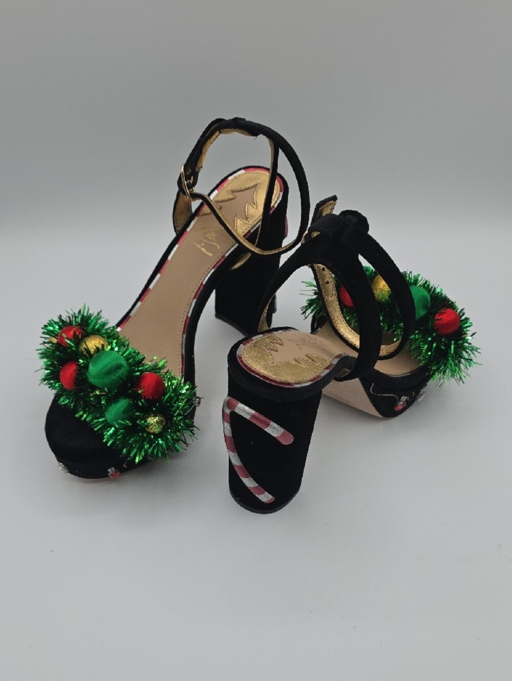 ANTONIO MELANI Black Velvet Heels with Green Tinsel and Red & Gold Ornaments - Picture 5 of 17